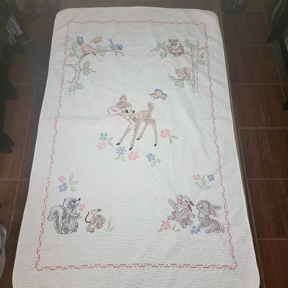 VINTAGE 1970's Disney Bambi Needle Point Throw 34
